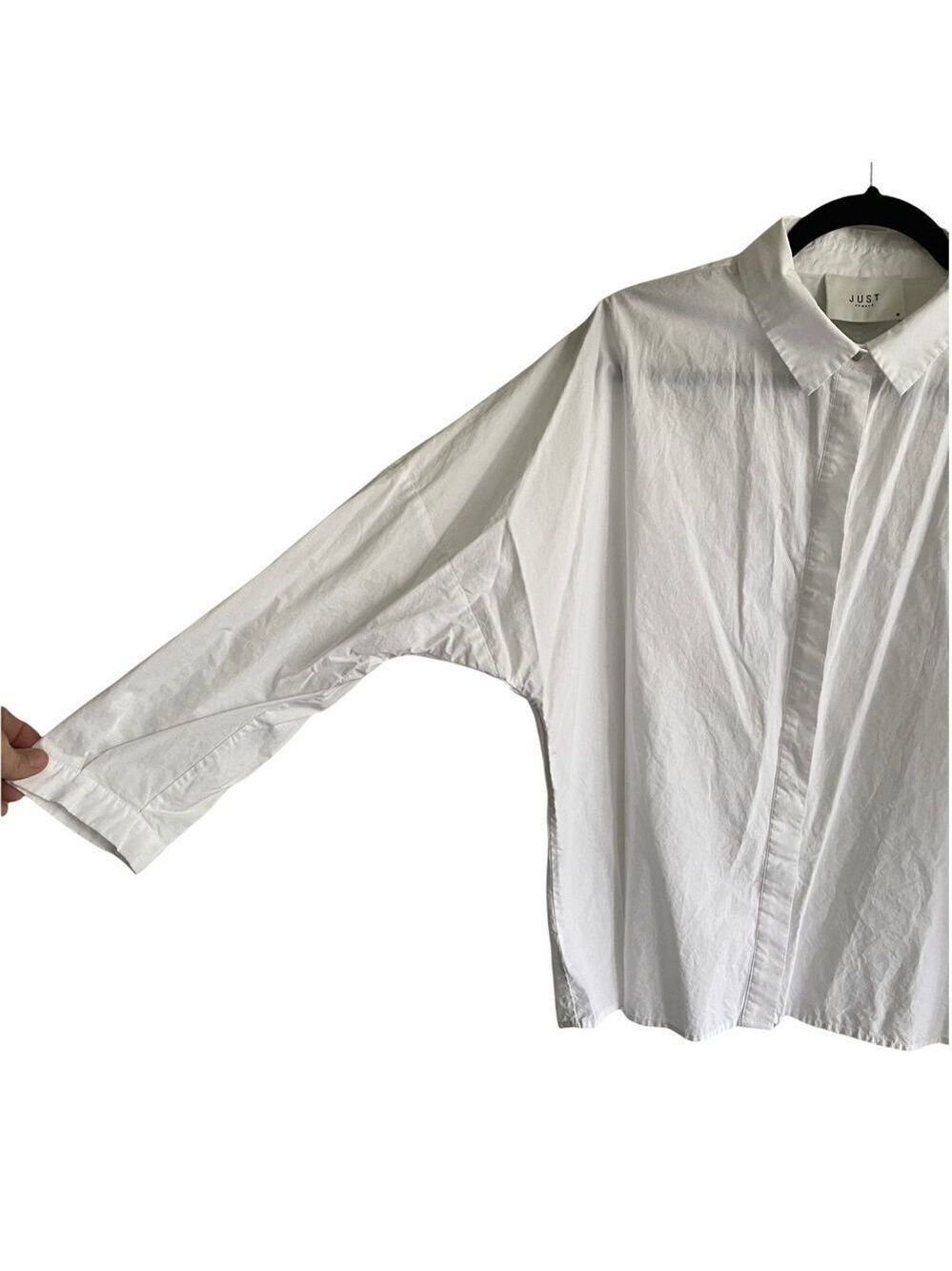 JUST FEMALE Cotton Hidden Button Front Blouse Shirt Dolman Sleeve Ruffle White M